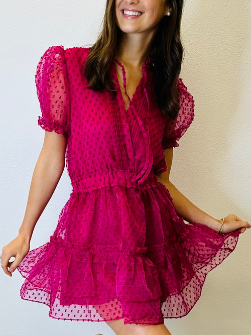 Clementine Dottie Magenta Swiss Dot Puff Sleeve Tiered Mini Dress