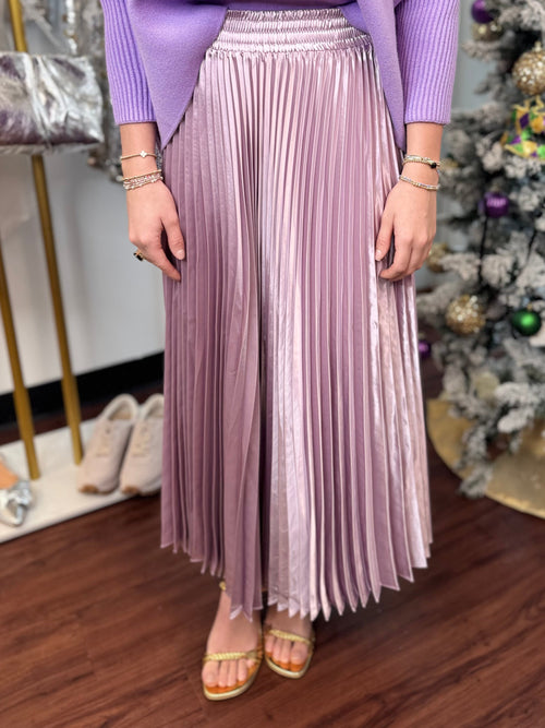 Sunburst Lilac Pleated Satin Midi Skirt