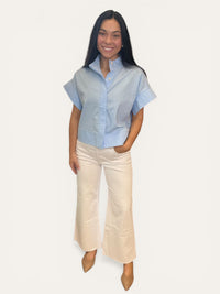 Chambray Linen Blend Short Sleeve Button Down Top