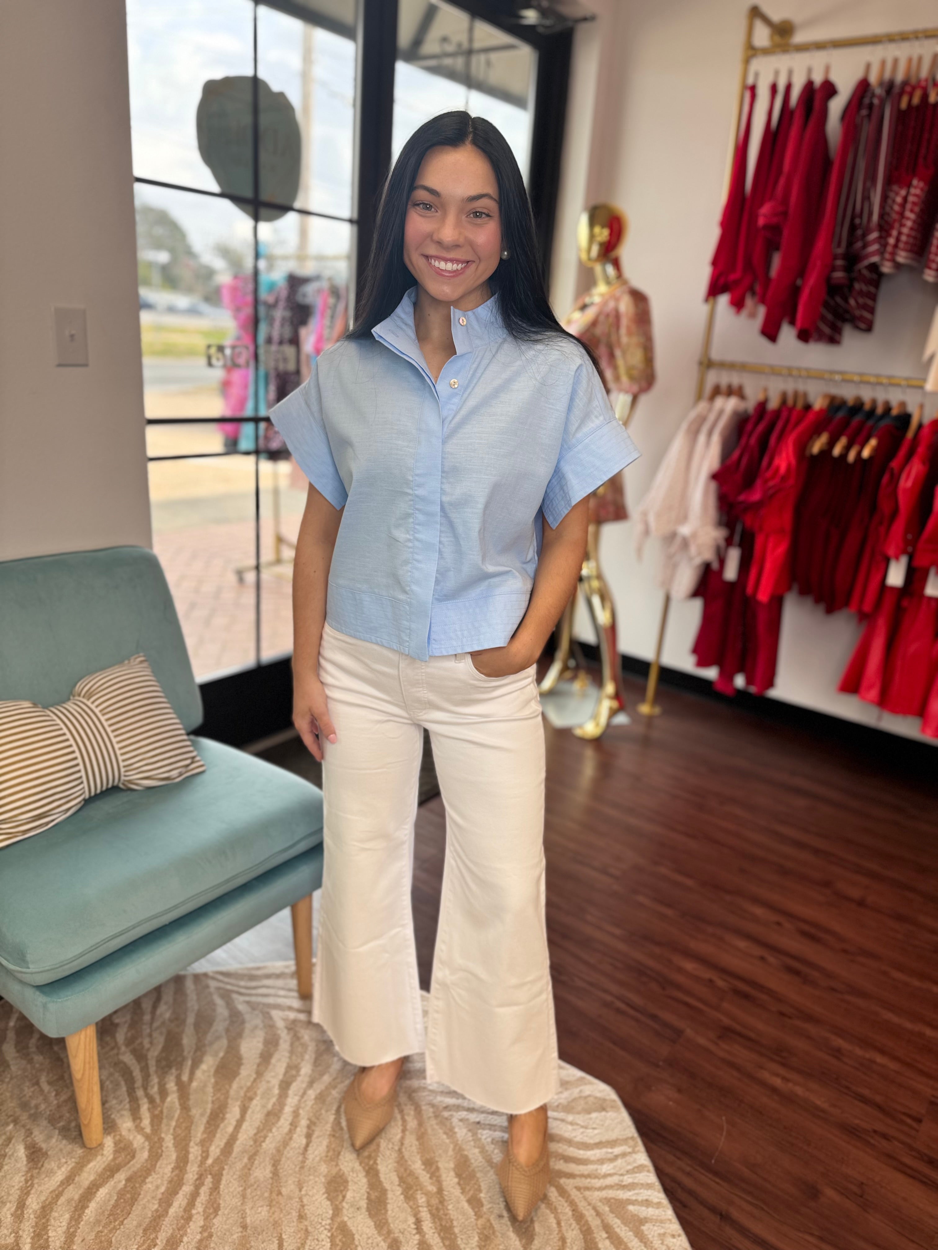 Chambray Linen Blend Short Sleeve Button Down Top