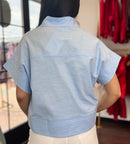 Chambray Linen Blend Short Sleeve Button Down Top