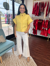 Sunshine Yellow Linen Blend Short Sleeve Button Down Top