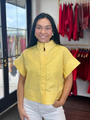 Sunshine Yellow Linen Blend Short Sleeve Button Down Top