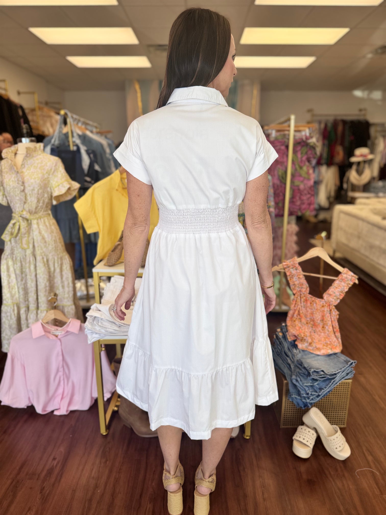 Emily Cinched Waist Midi Dress- White