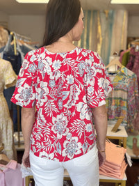 Quency Raspberry Floral Butterfly Sleeve Top