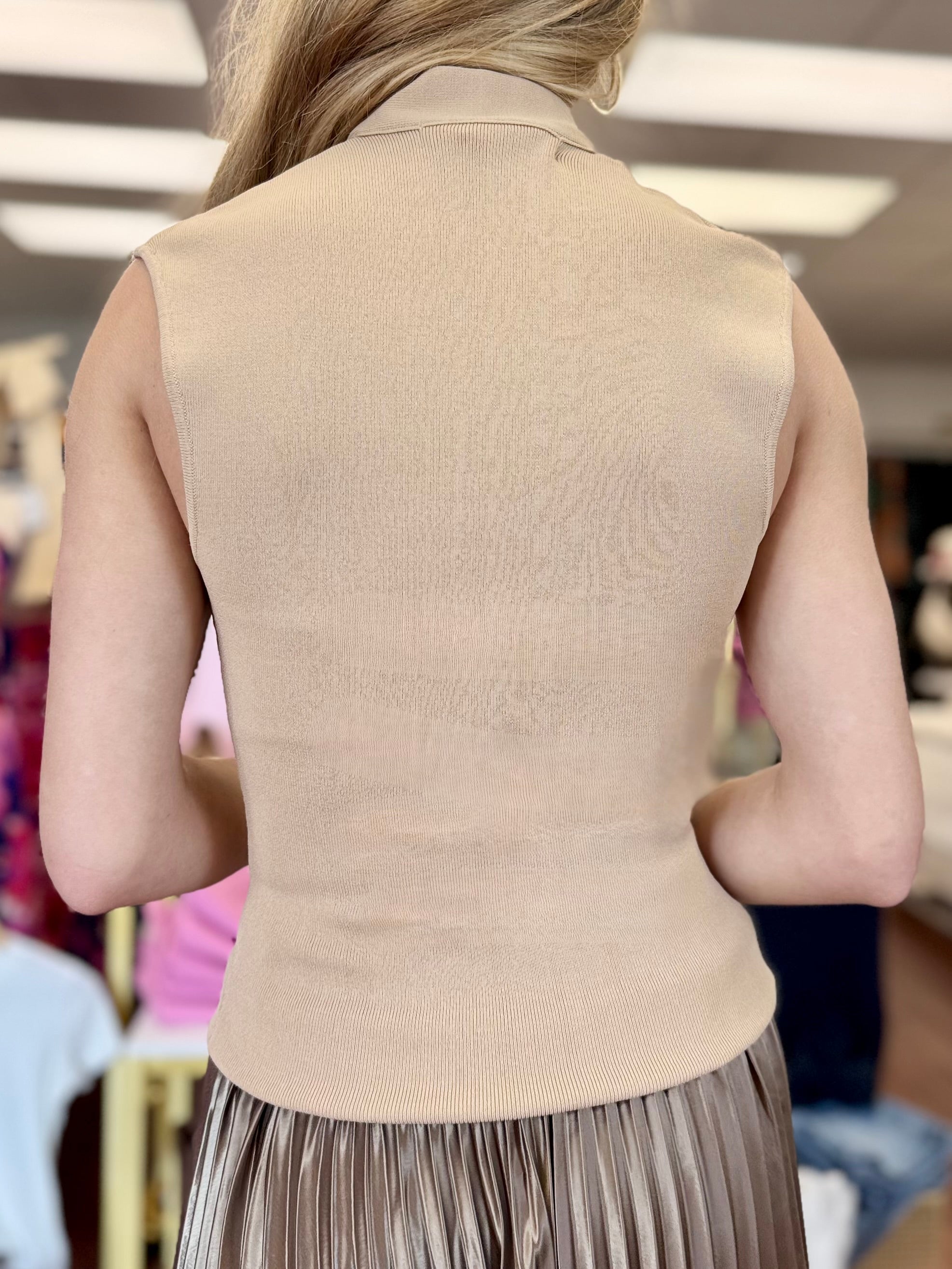 Taupe Ribbed Knit Tie Neck Tank | Sleeveless Sweater Top