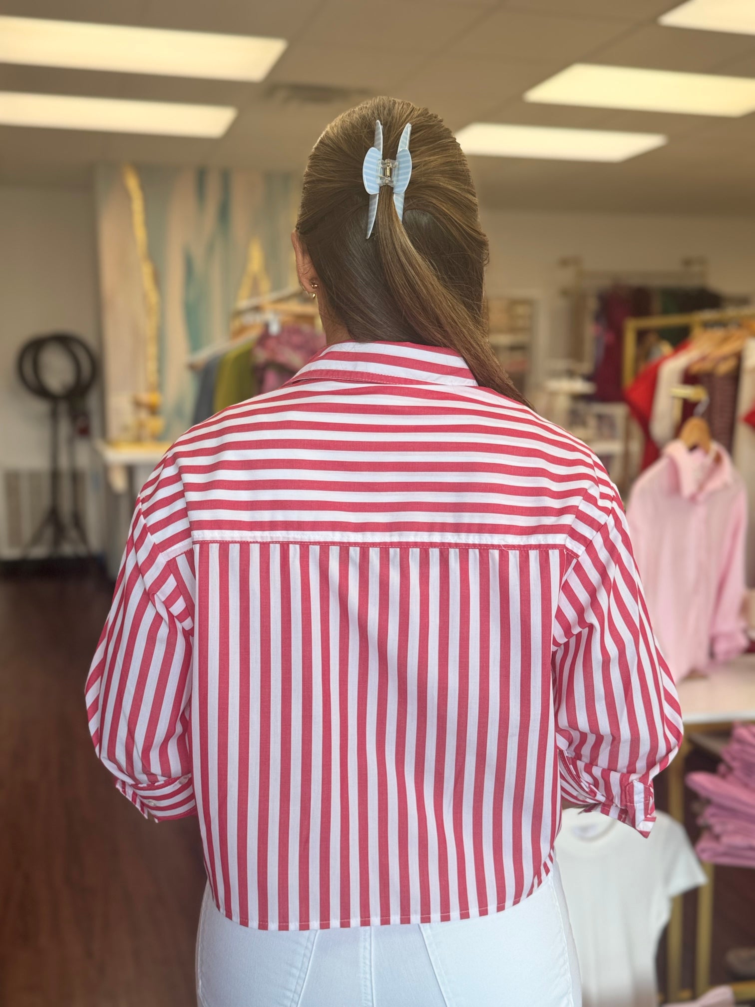 Raspberry Poplin Striped Button Down Top