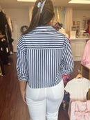 Blue Bayou Poplin Striped Button Down Top