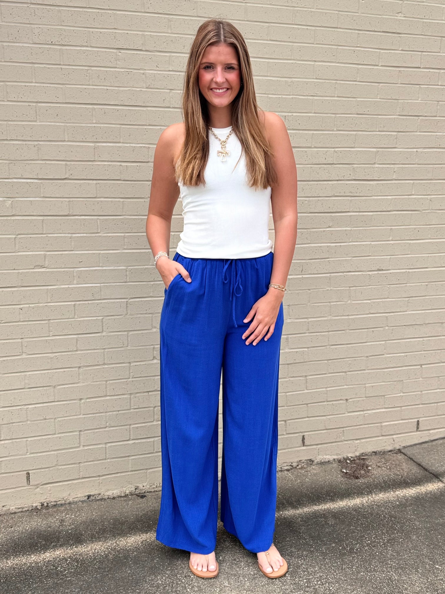Cobalt Blue Wide Leg Linen Blend Drawstring Pants
