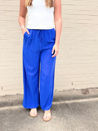 Cobalt Blue Wide Leg Linen Blend Drawstring Pants