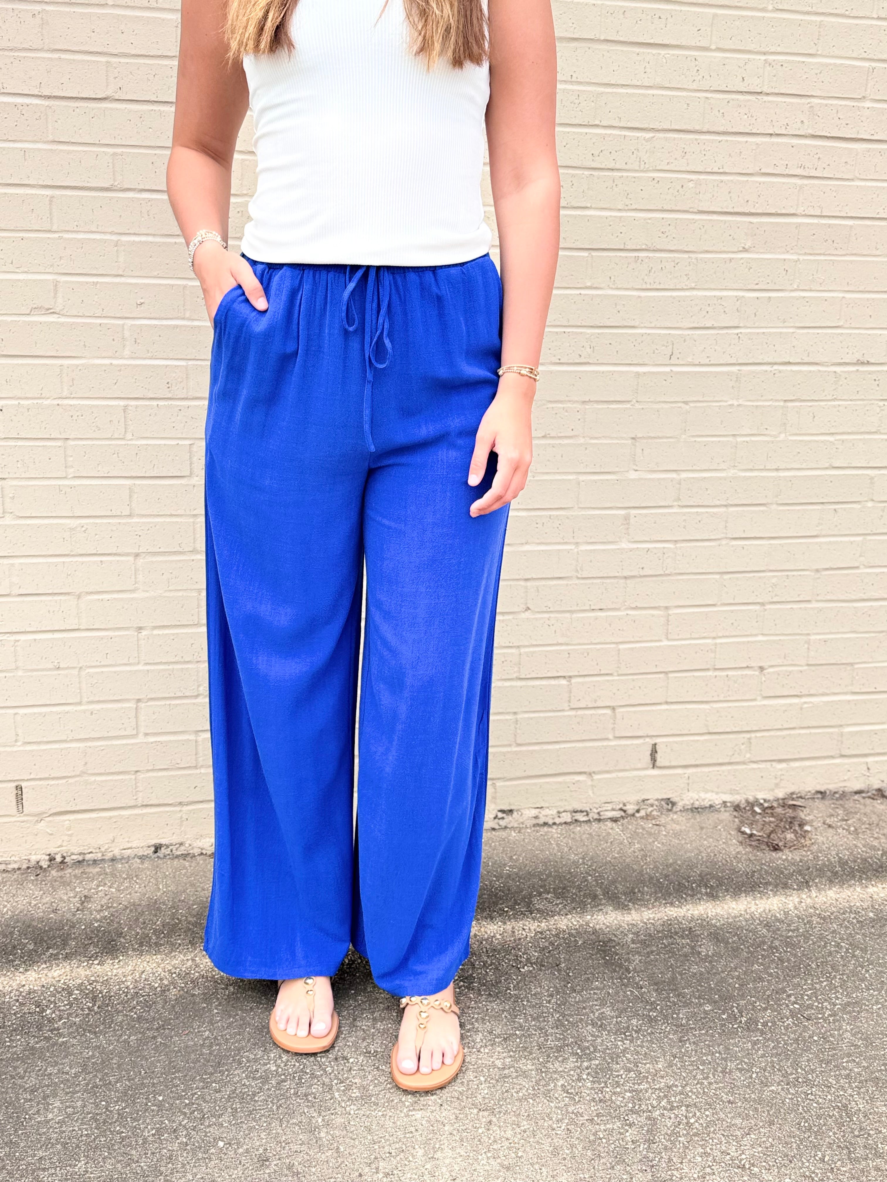 Cobalt Blue Wide Leg Linen Blend Drawstring Pants