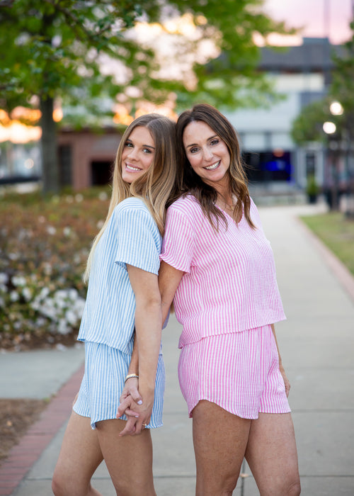 Blue Striped Gauze Two Piece Set | Top + Shorts