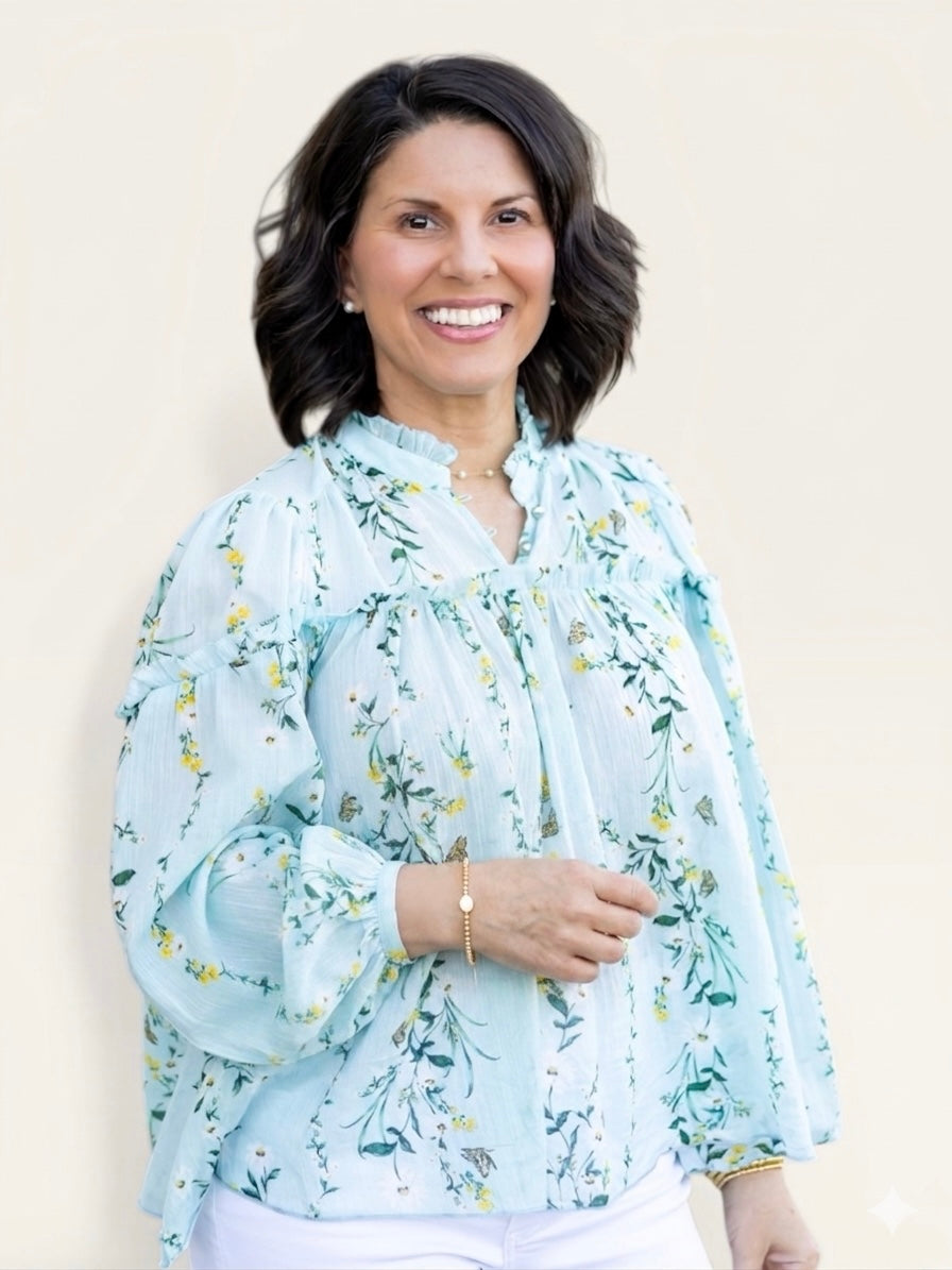 Sarai Blue Floral Ruffle Neck Balloon Sleeve Top