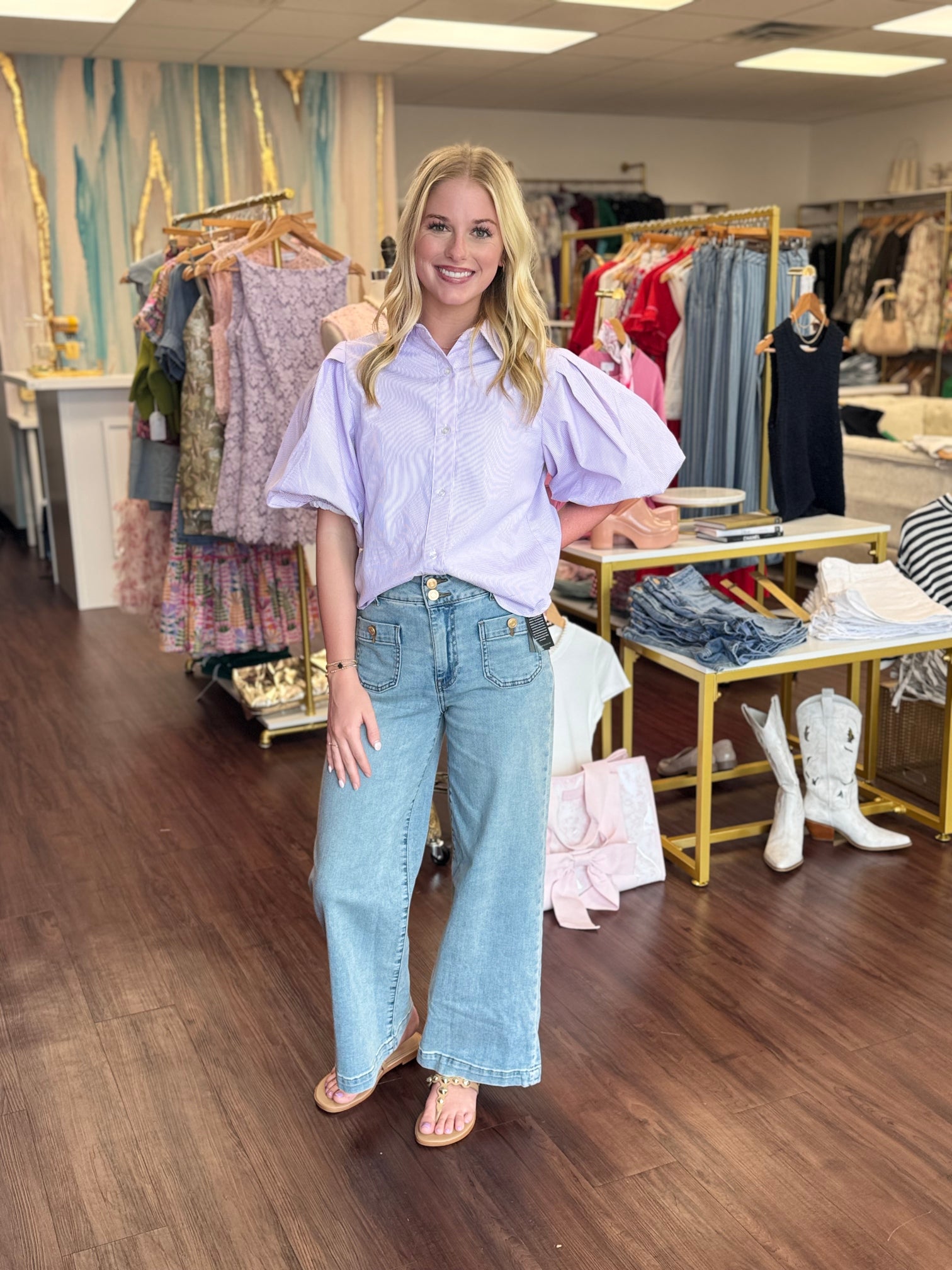 Lavender and White Puff Sleeve Button Down Top