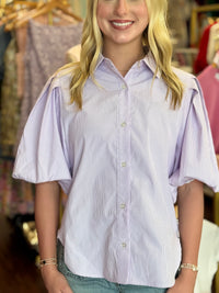 Lavender Stripe Balloon Sleeve Button Down Shirt | Women's Top