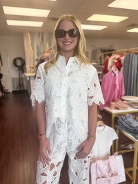 Effie White Eyelet Short Sleeve Button Down Top