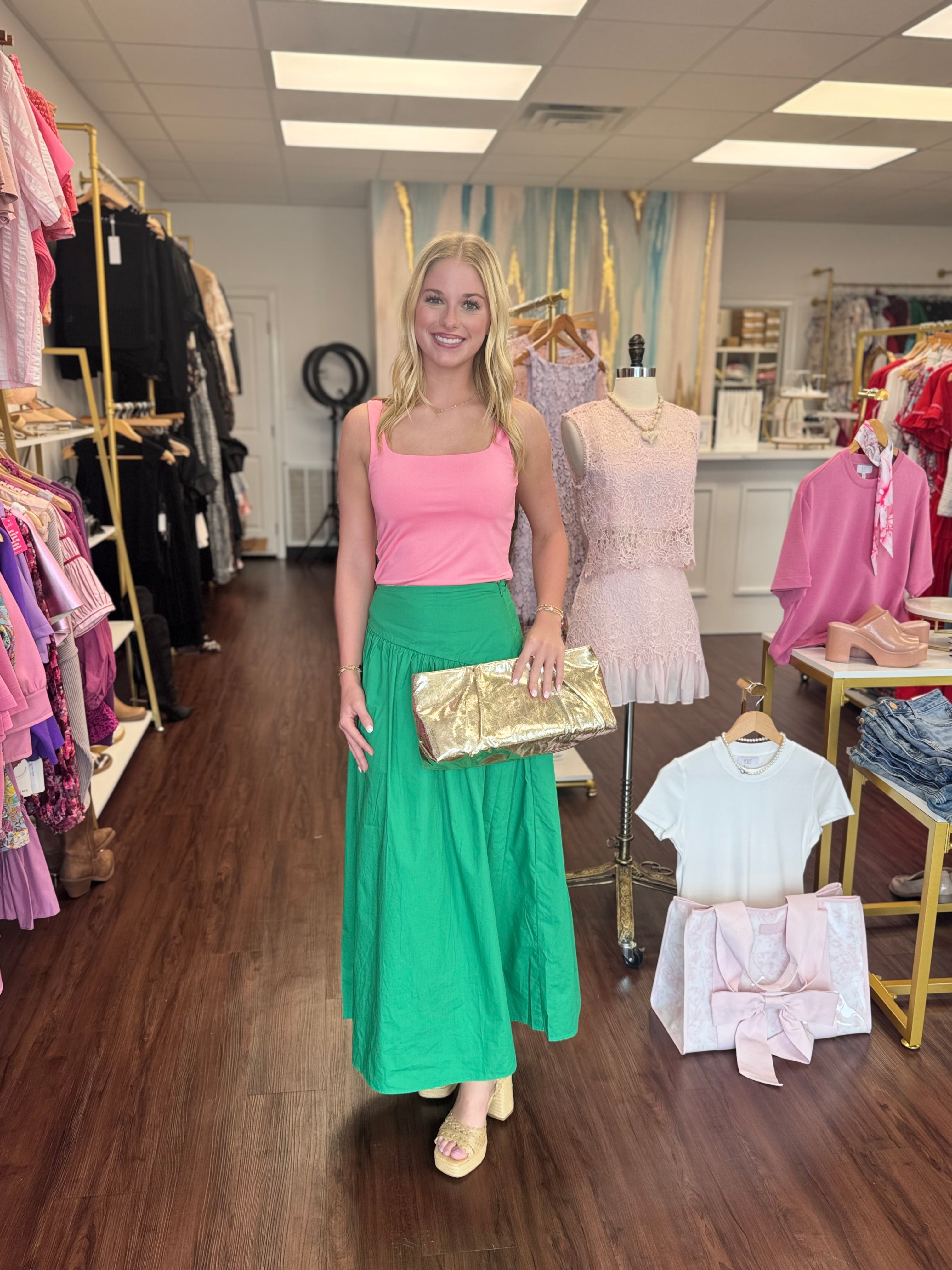 Kelly Green Gathered Midi Skirt | Flowy Spring Skirt