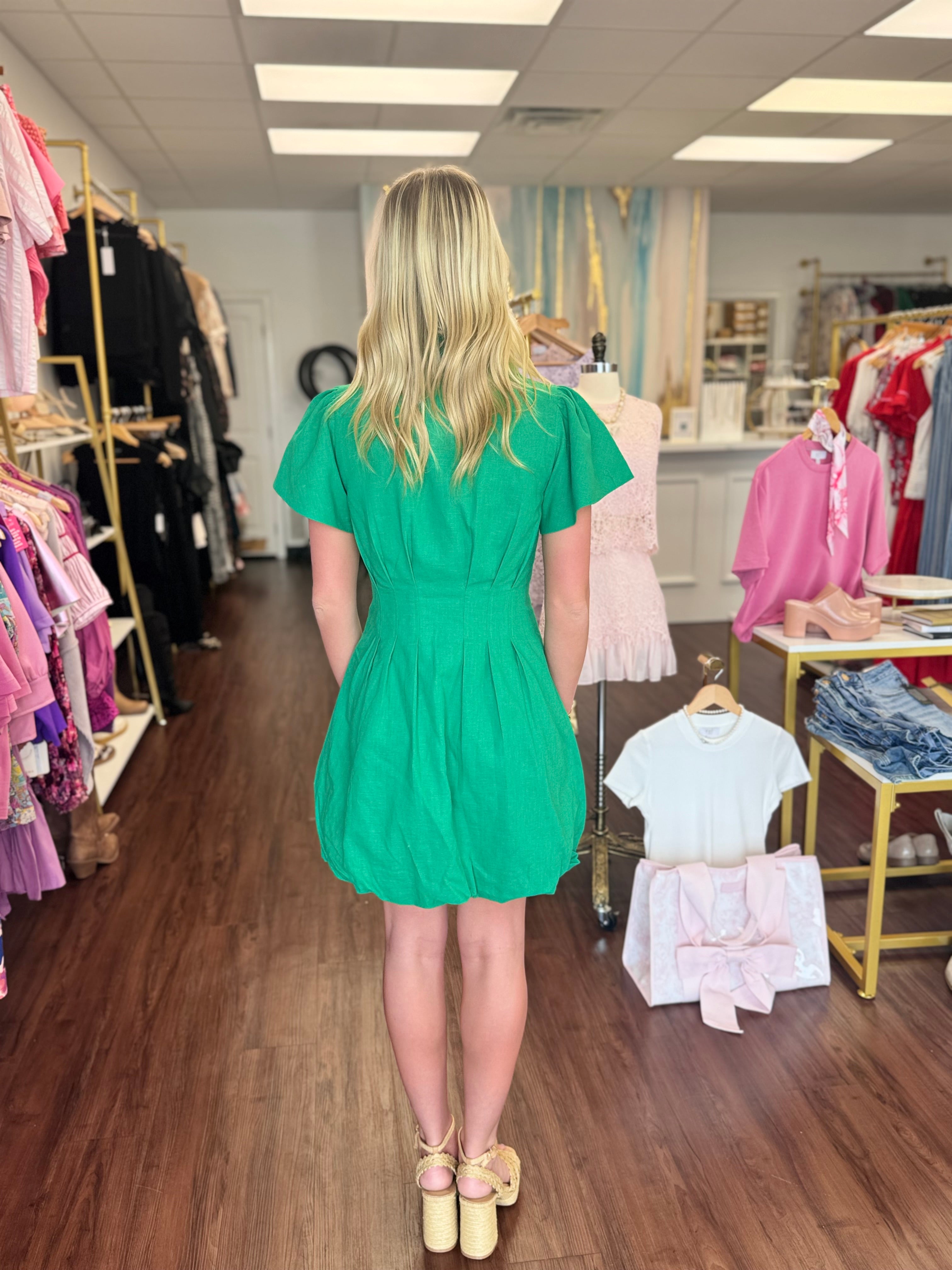 Kelly Green Linen Zip Front Bubble Hem Mini Dress