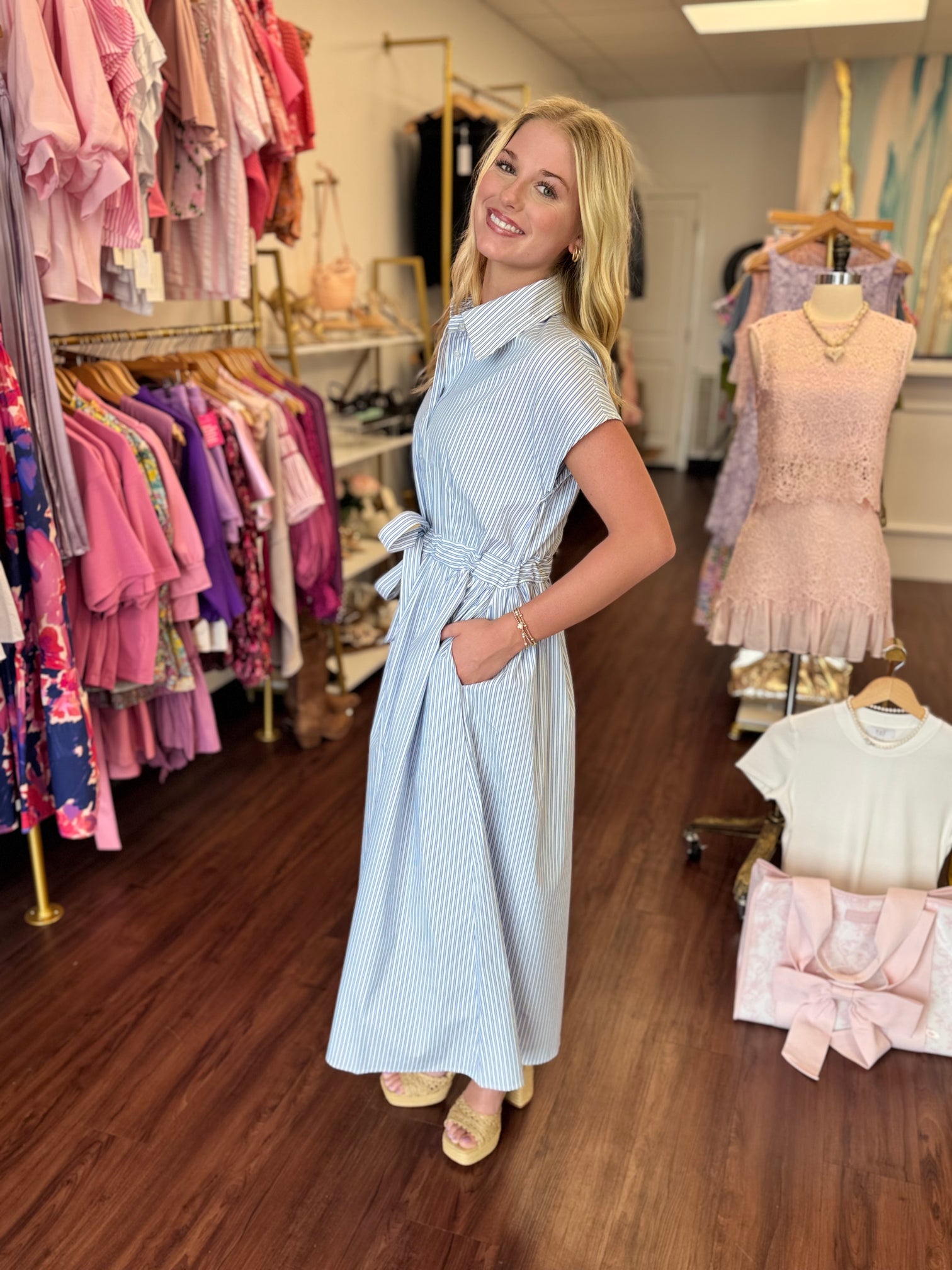 Blue Multi Striped Belted Midi Dress