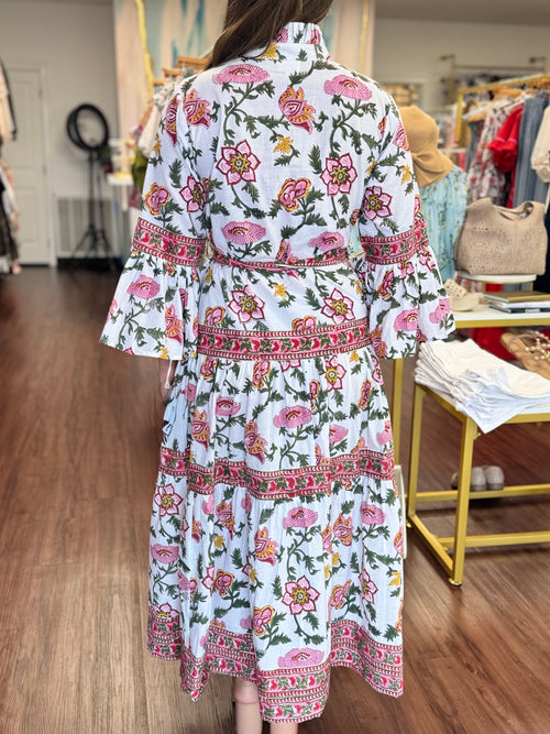 Pink Chinoiserie Bell Sleeve Belted Maxi Dress | Wedding Guest
