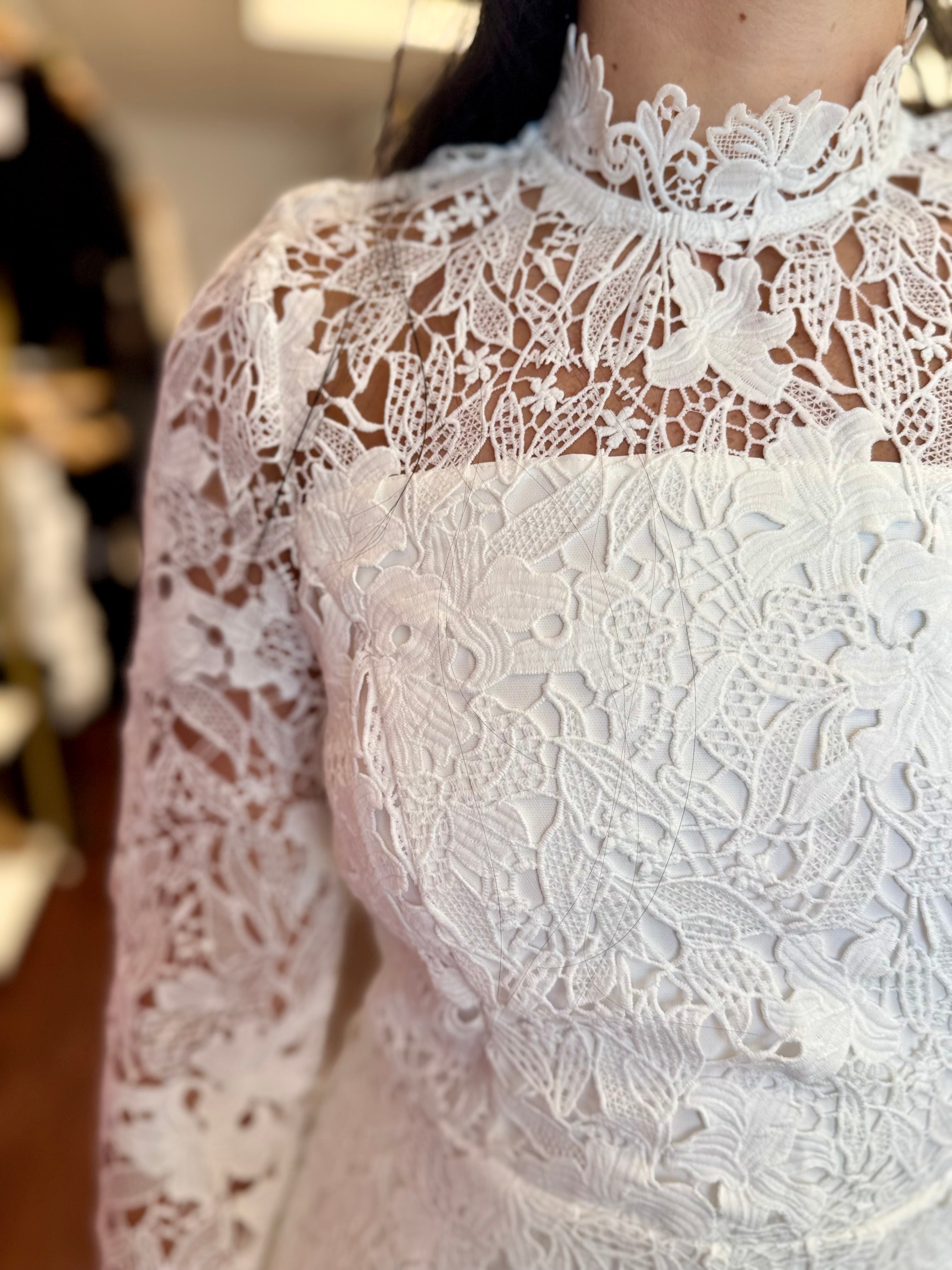 White Lace Long Sleeve Mock Neck Romper | Bridal + Wedding