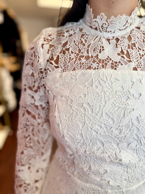 White Lace Long Sleeve Mock Neck Romper | Bridal + Wedding