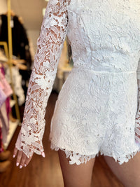 White Lace Long Sleeve Mock Neck Romper | Bridal + Wedding