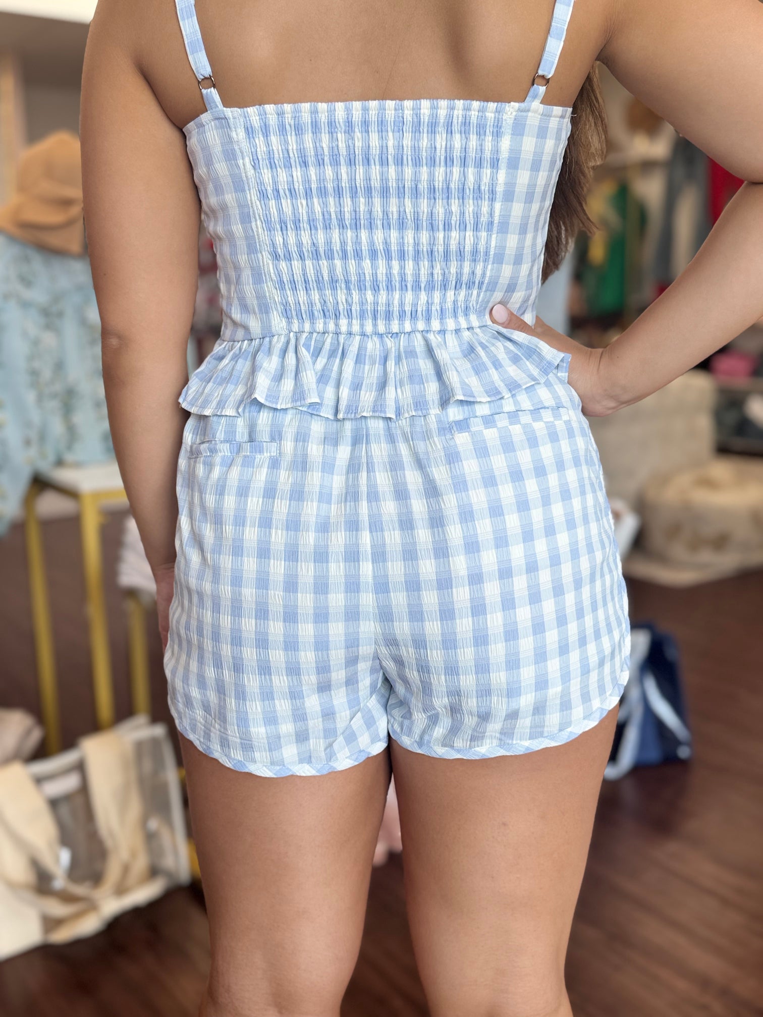 Sky Blue Gingham Drawstring Shorts | Matching Set