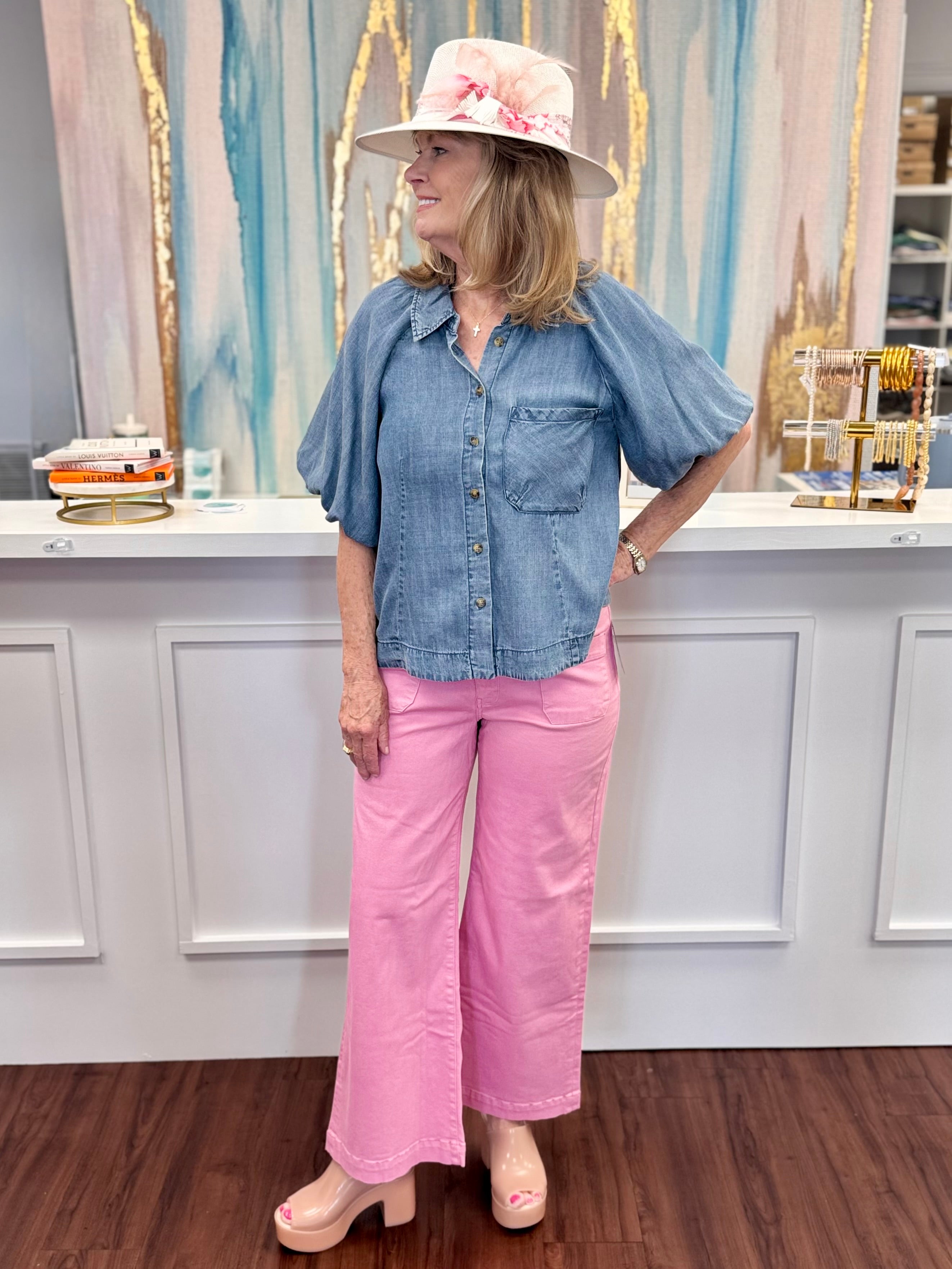 Balloon Sleeve Button Down Tencel Top