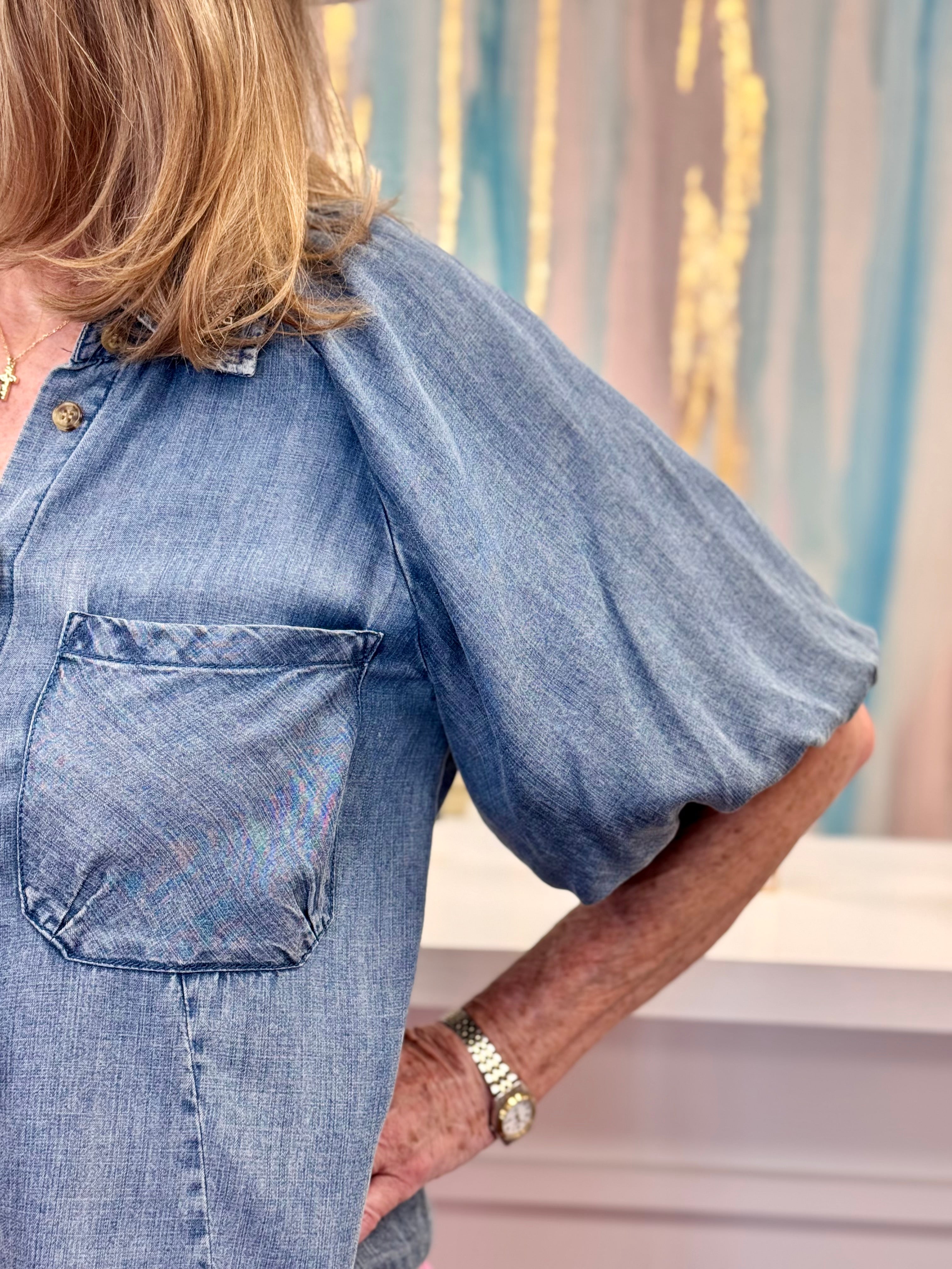 Balloon Sleeve Button Down Tencel Top
