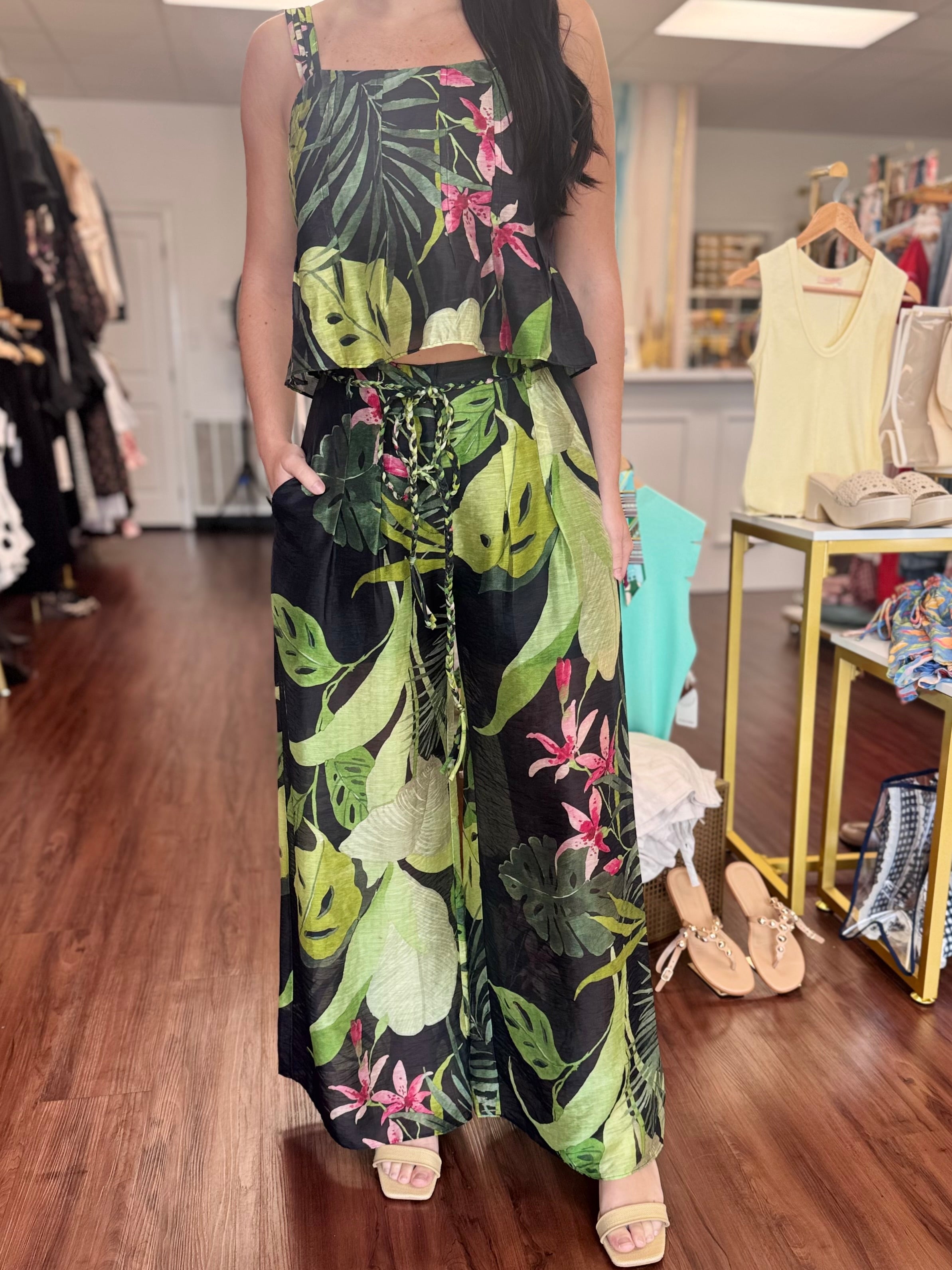 Tropical Print Pleated Wide Leg Braided Belt Pant