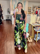 Tropical Print Topstitched Adjustable Strap Flare Tank