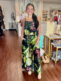 Tropical Print Pleated Wide Leg Braided Belt Pant