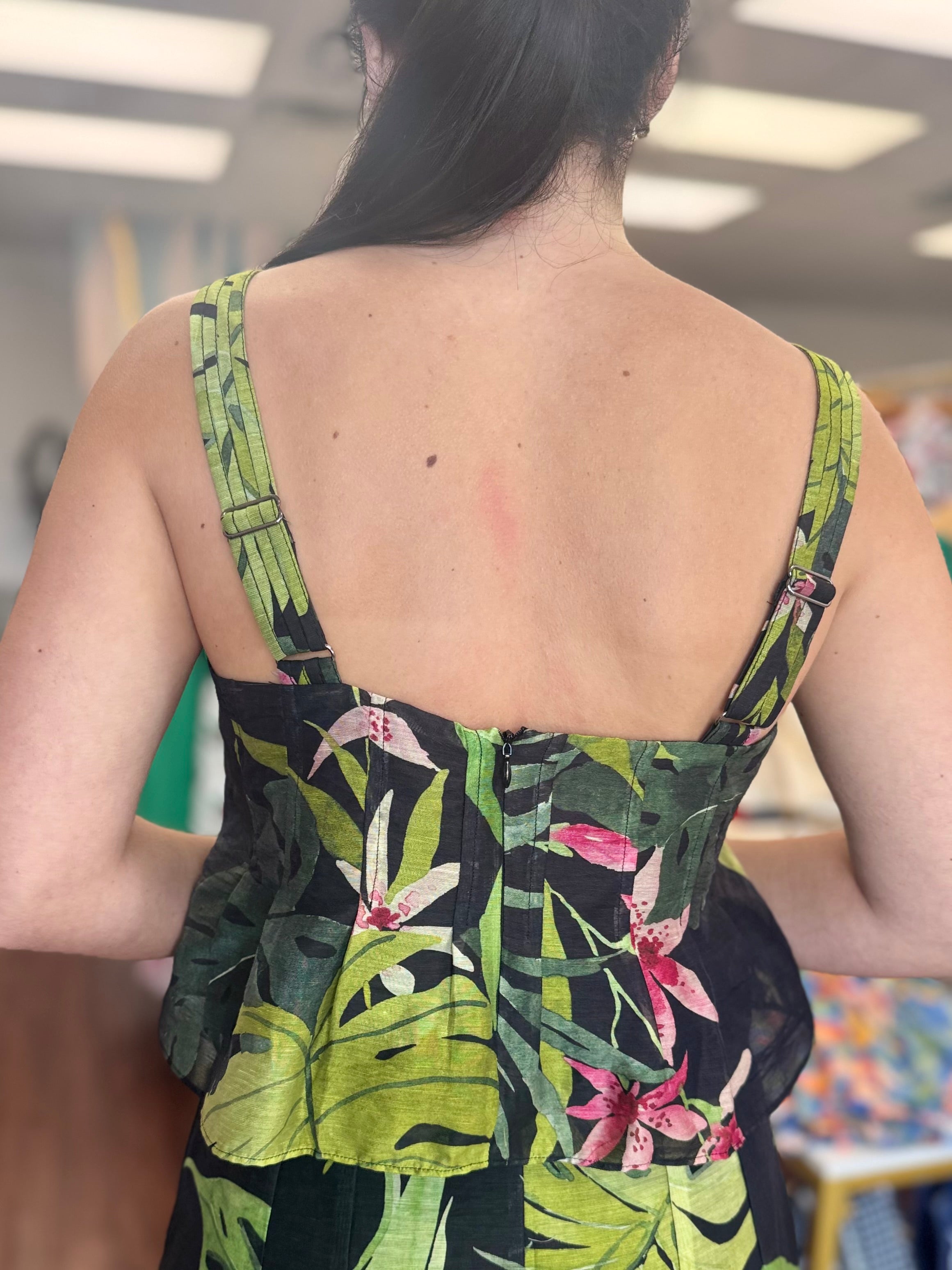 Tropical Print Topstitched Adjustable Strap Flare Tank