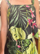 Tropical Print Topstitched Adjustable Strap Flare Tank