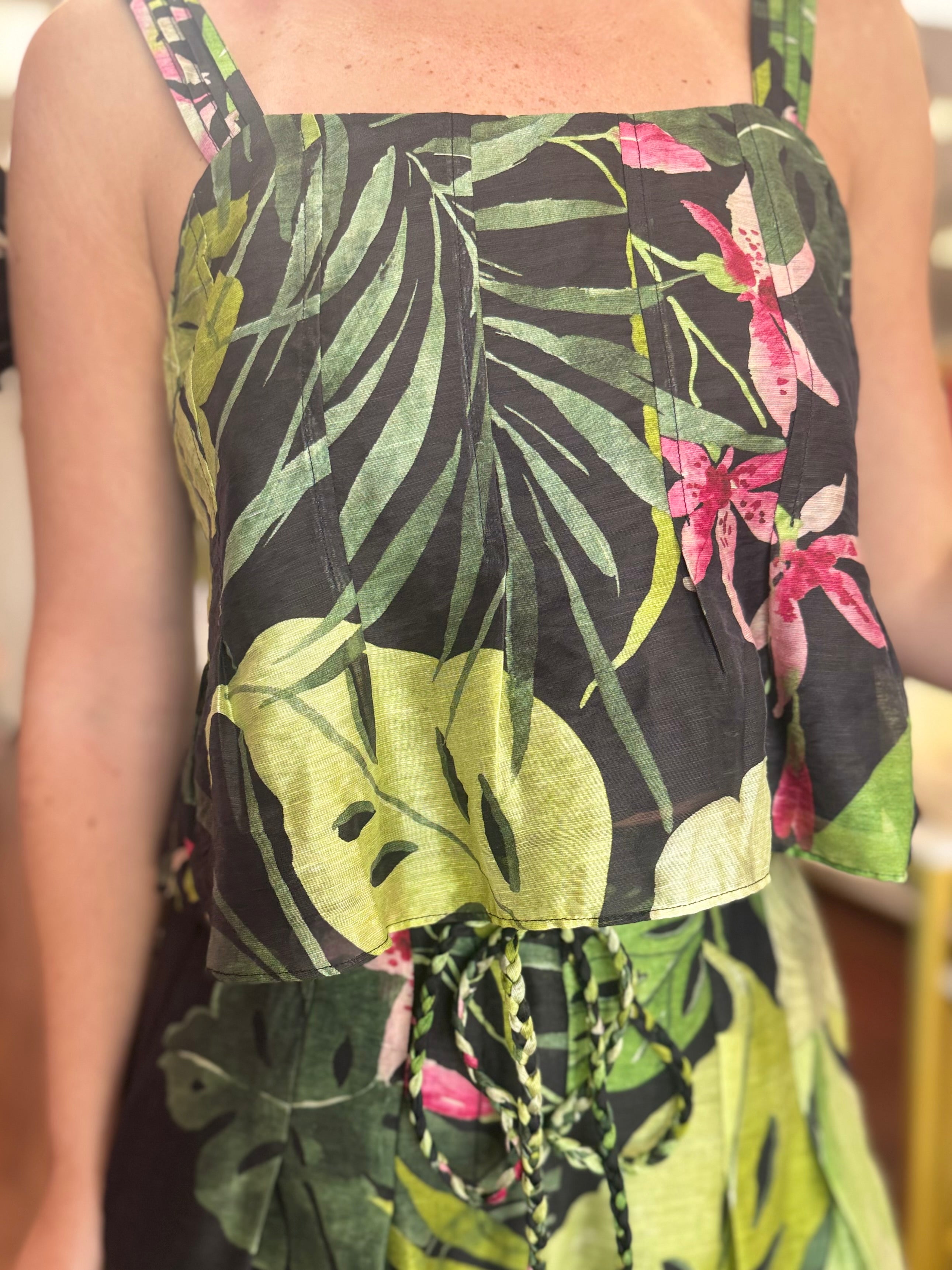 Tropical Print Topstitched Adjustable Strap Flare Tank