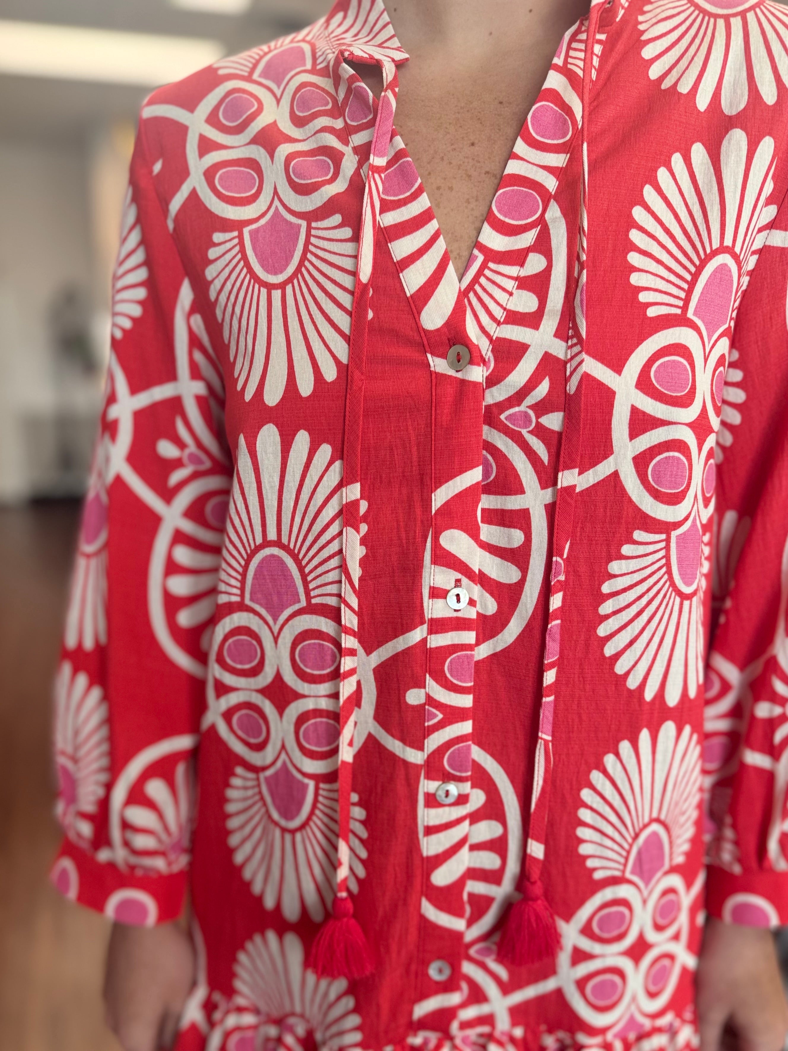 Red Medallion Print Long Sleeve Drop Waist Button Down Mini Dress