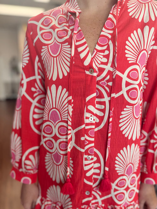 Red Medallion Print Long Sleeve Drop Waist Button Down Mini Dress