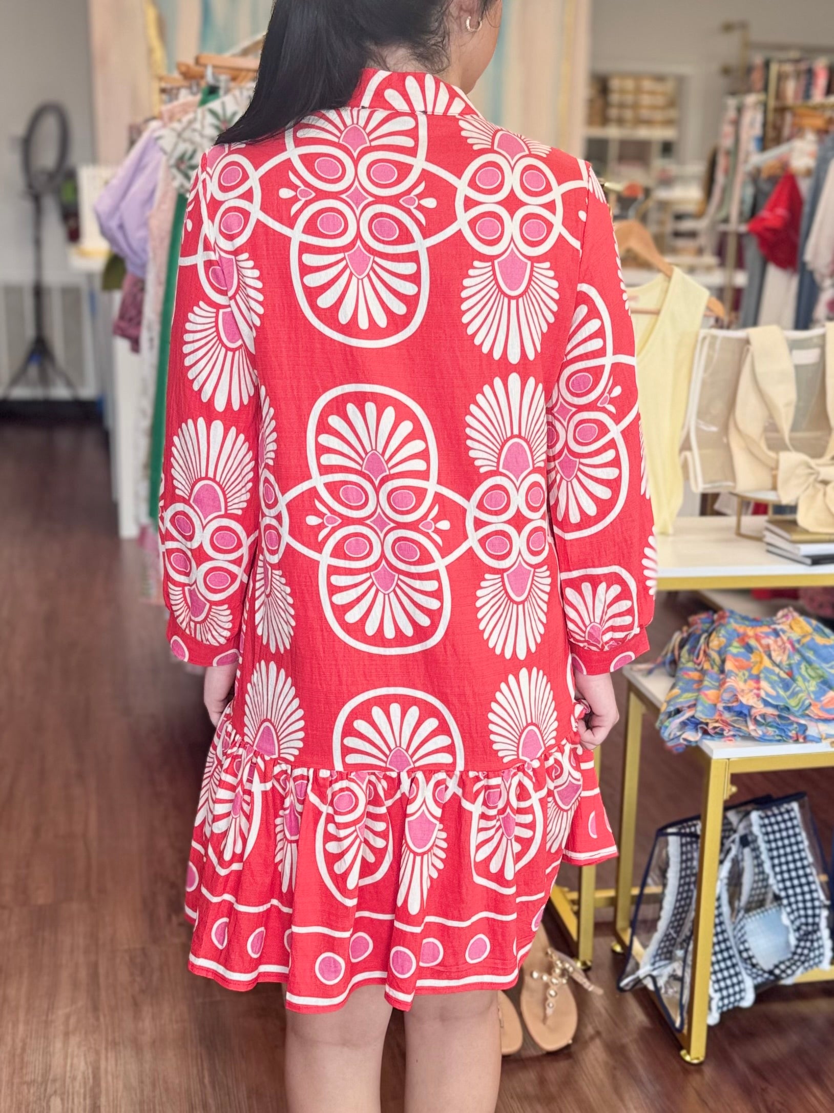 Red Medallion Print Long Sleeve Drop Waist Button Down Mini Dress