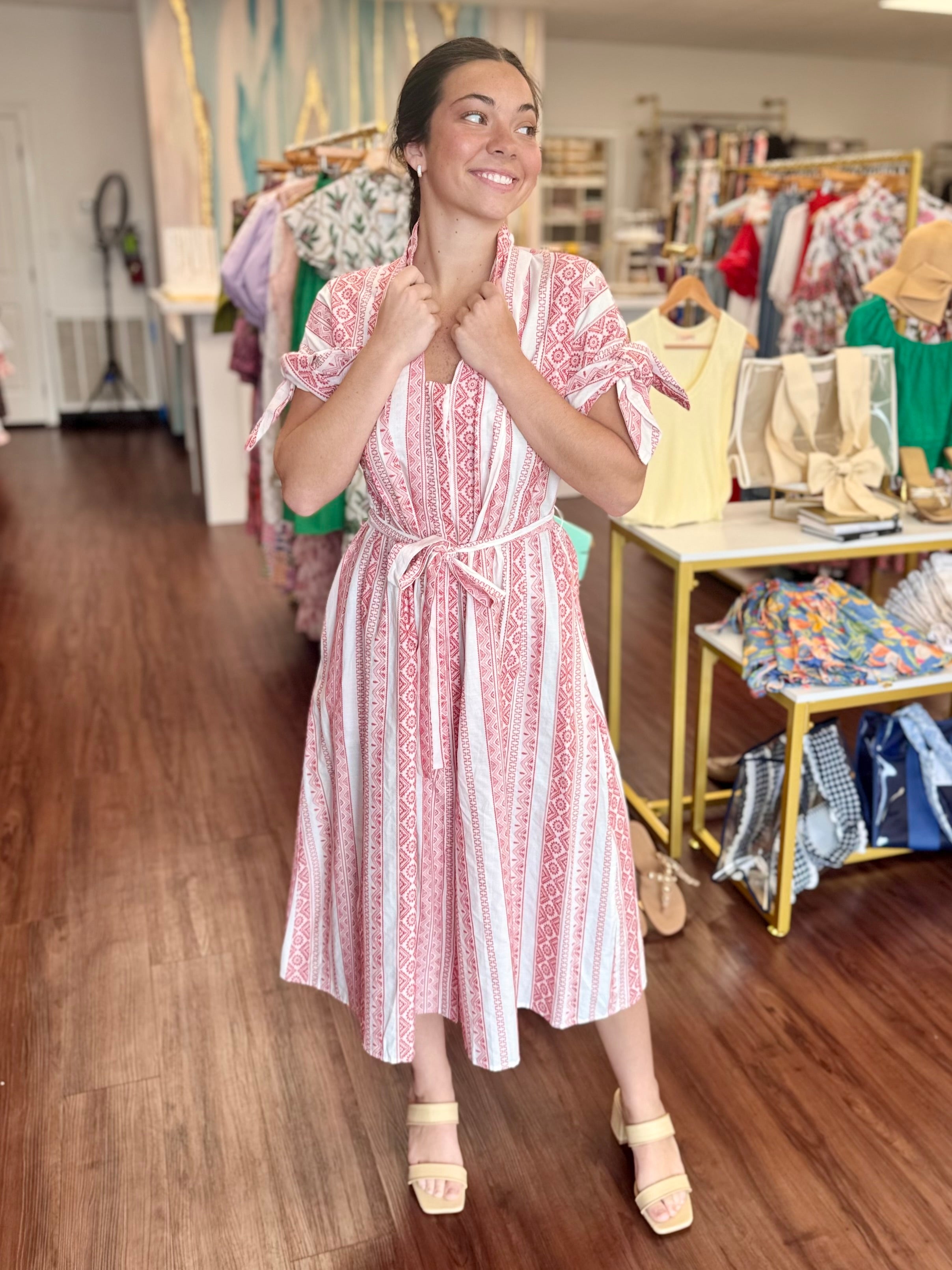 Red Woven Knot Sleeve Belted Waist Pocket Shirt Midi Dress