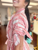 Red Woven Knot Sleeve Belted Waist Pocket Shirt Midi Dress