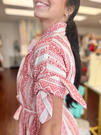 Red Woven Knot Sleeve Belted Waist Pocket Shirt Midi Dress