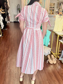 Red Woven Knot Sleeve Belted Waist Pocket Shirt Midi Dress