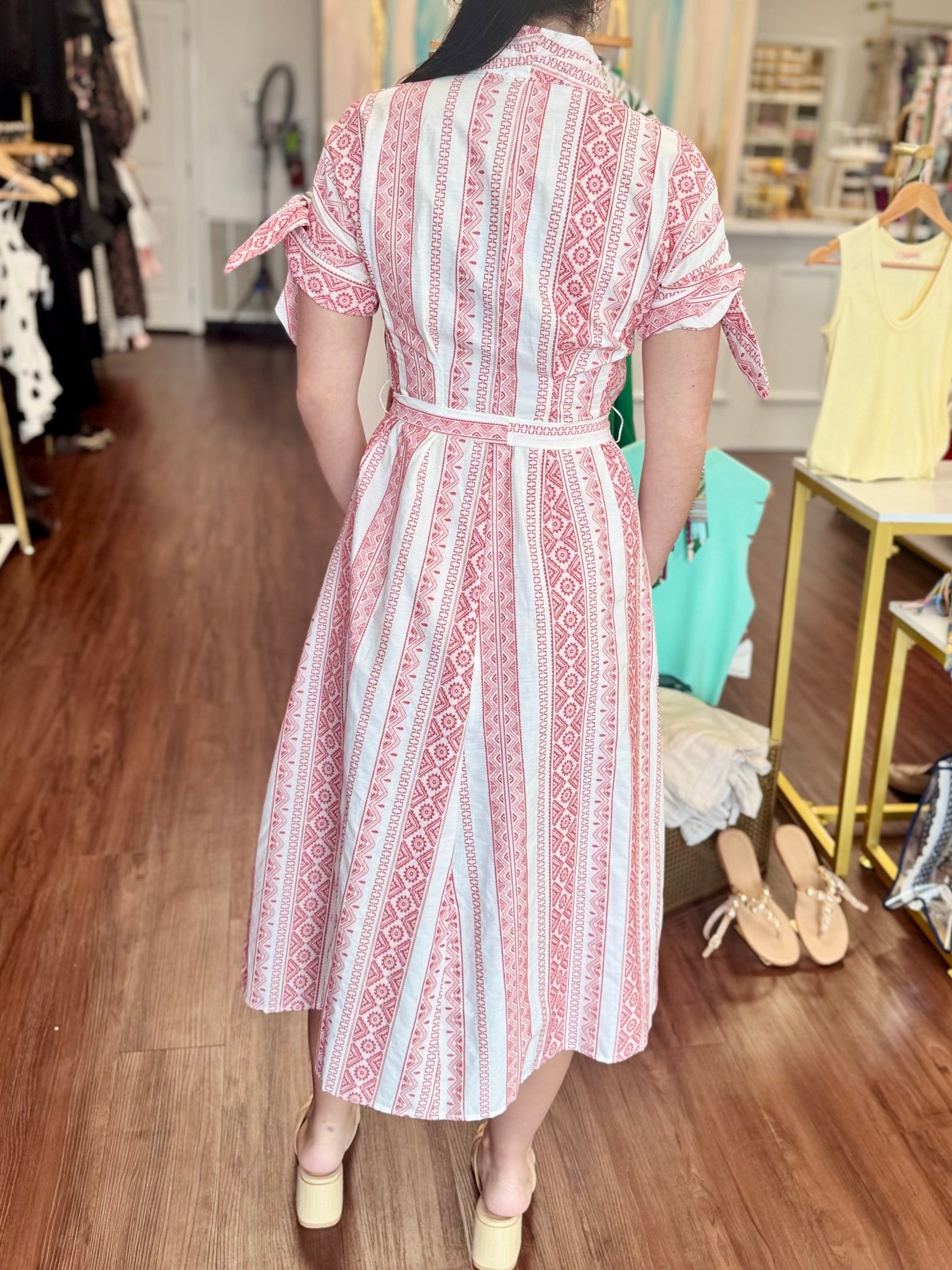 Red Woven Knot Sleeve Belted Waist Pocket Shirt Midi Dress