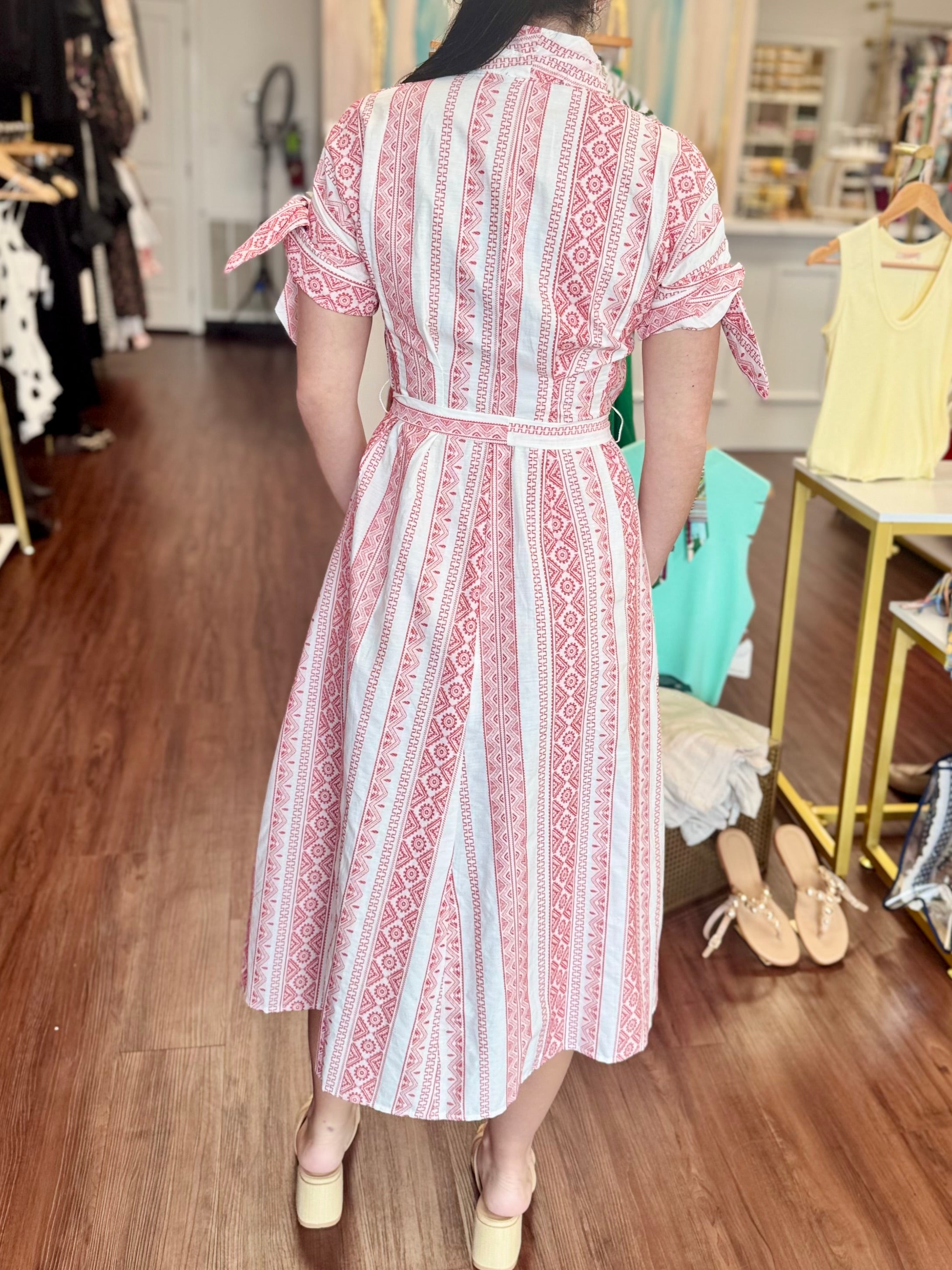 Red Woven Knot Sleeve Belted Waist Pocket Shirt Midi Dress