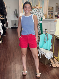 Jane High Rise Denim Short in Tomato Red