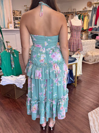 Sage Floral Halter Smocked Bodice Tiered Ruffle Midi Dress