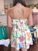 Pale Yellow Tropical Print Halter Beaded Tie A-Line Mini Dress