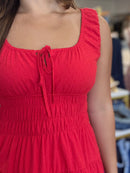 Red Swiss Dot Smocked Waist Front Tie Pocket Mini Dress