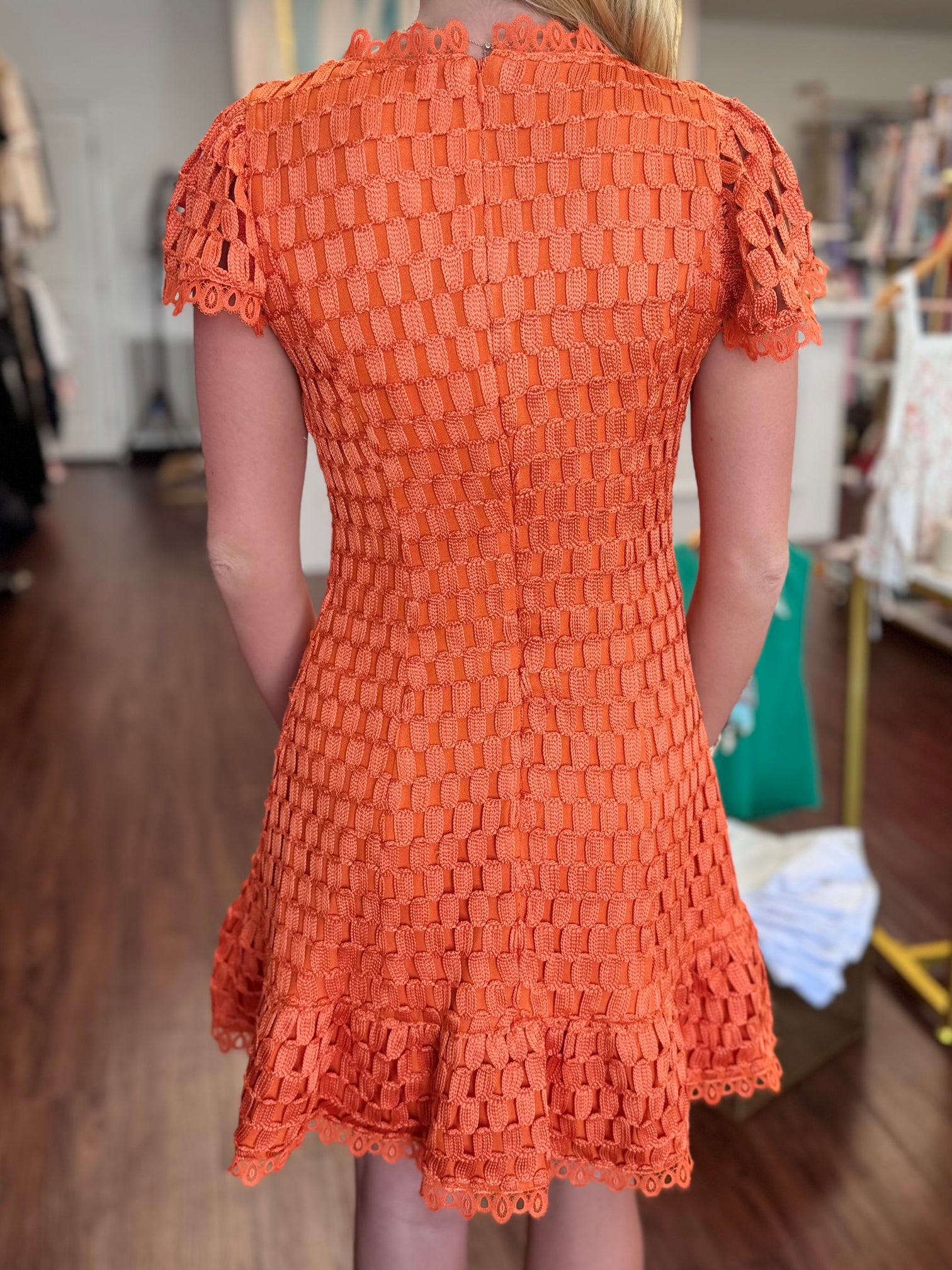 Orange Flutter Sleeve Lace Trim Back Zip Mini Dress